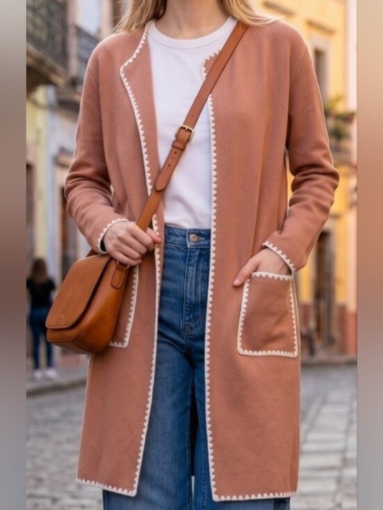 Zesica Sweaters - Zesica Long Cardigan Sweater Jacket M Camel Beige Stitch Trim Lightweight Travel